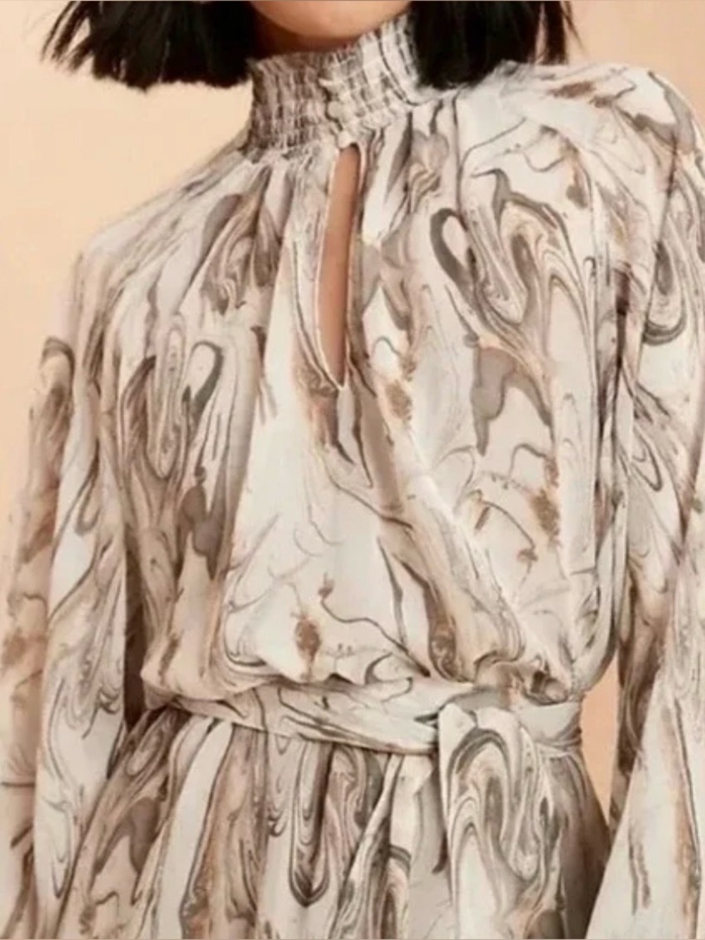 Banana Republic Cream Brown Sheer Summer Lightweight Print Mock Neck Belted Med